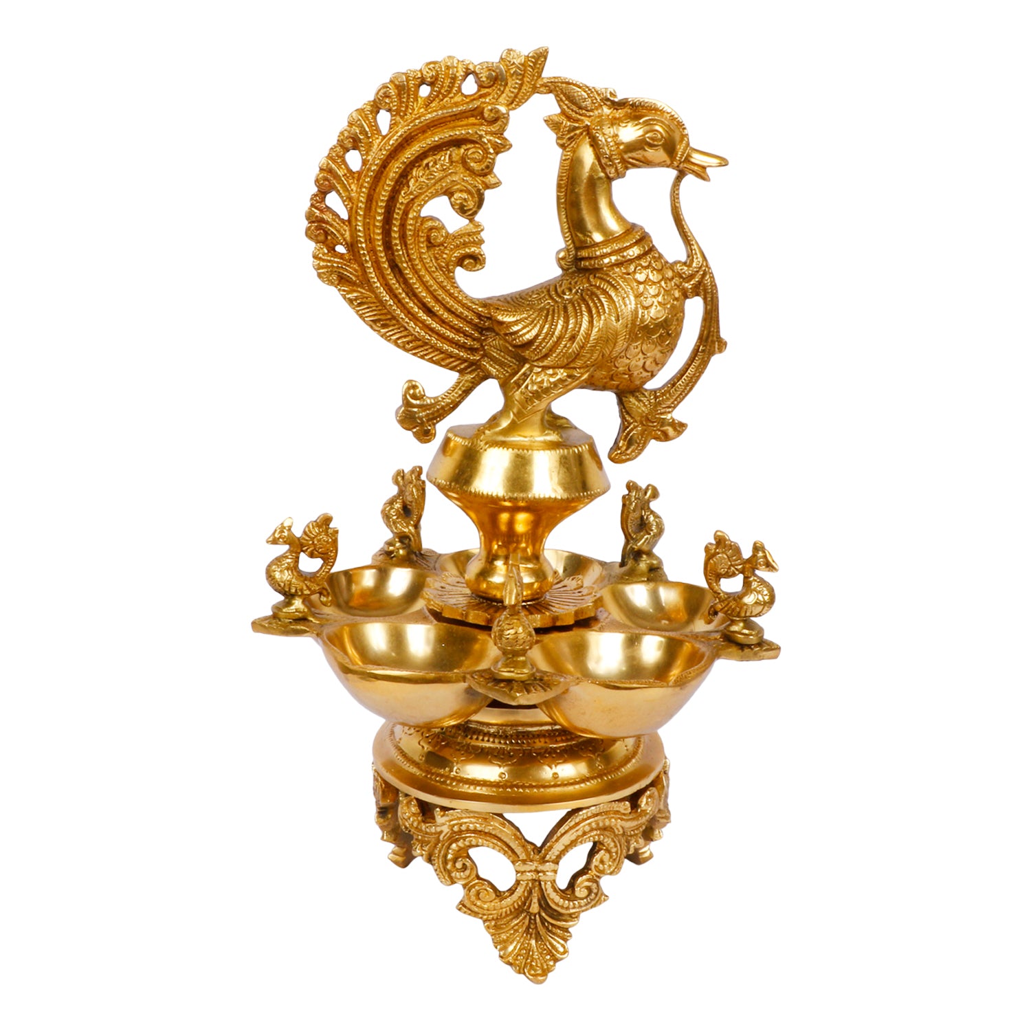 12 Inch Gold Color Brass Peacock Diya: Perfect for Home Temple Aarti, Camphor Burn, and Table Mandir - SvarupArt