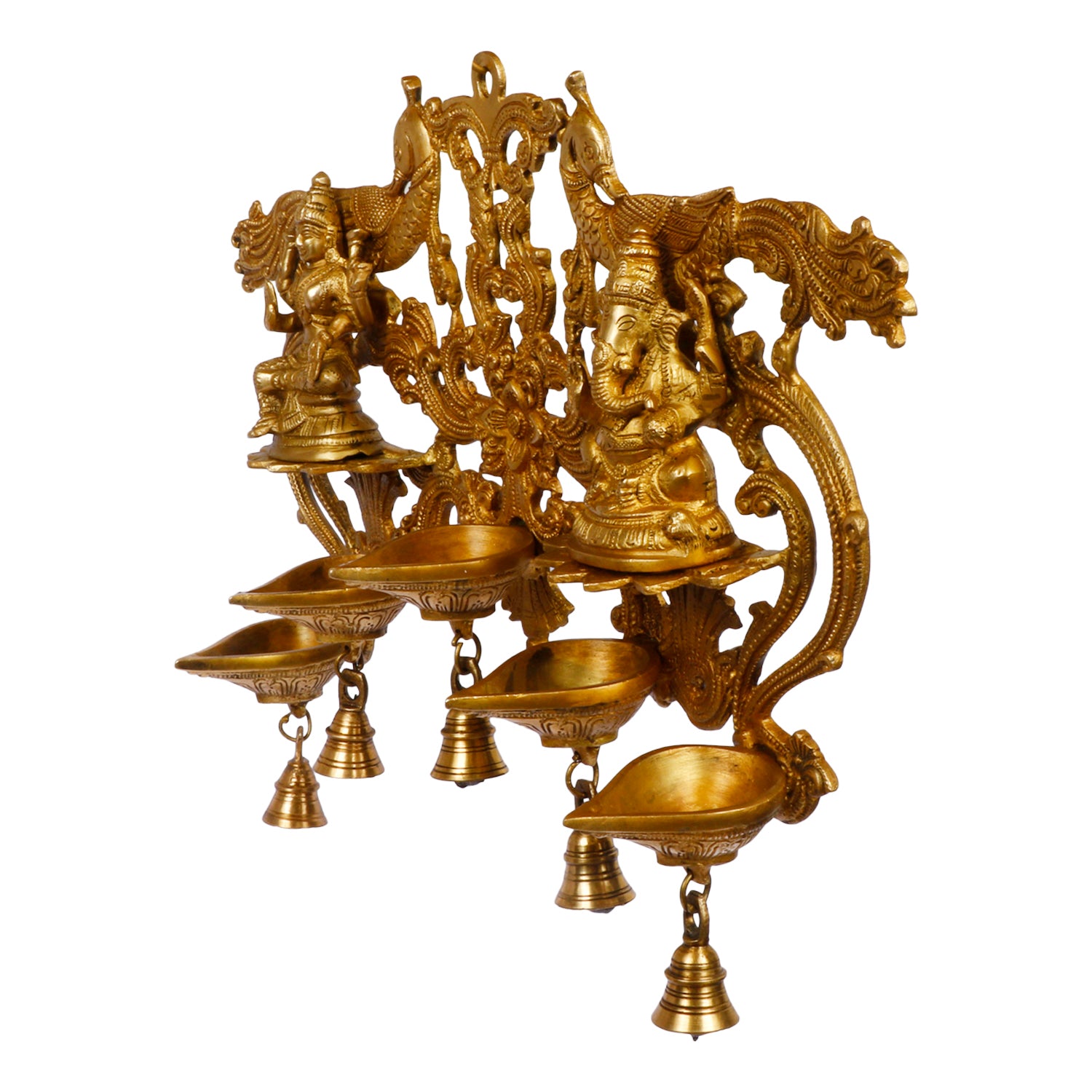 14 Inch Gold Color Brass Laxmi Ganesh Wall Hanging Multi Diya with Bell: Perfect for Home Decor - SvarupArt