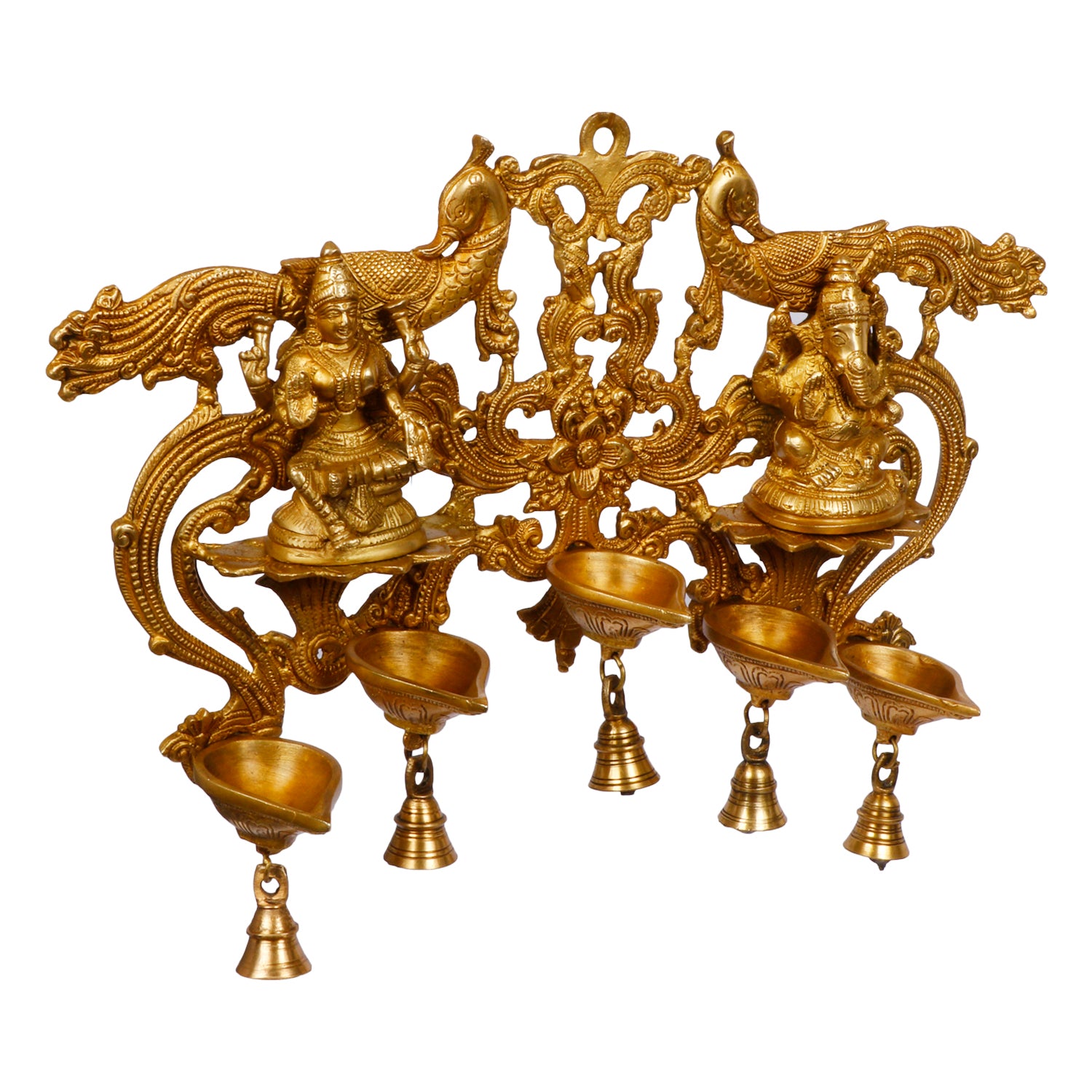 14 Inch Gold Color Brass Laxmi Ganesh Wall Hanging Multi Diya with Bell: Perfect for Home Decor - SvarupArt