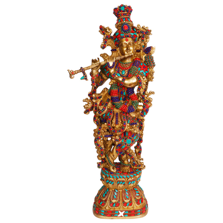 29" Lord Krishna Playing Flute Brass Statue Inlay Work