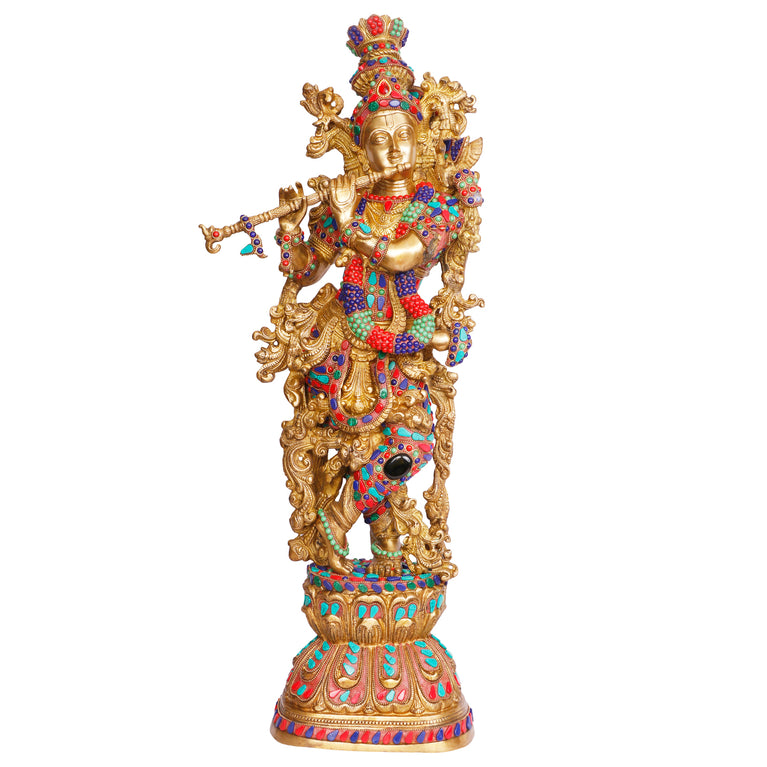 29" Lord Krishna Playing Flute Brass Statue Inlay Work