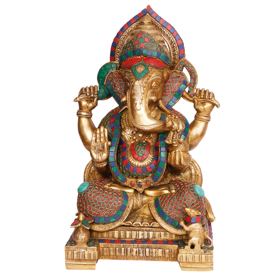 18" Lord Ganesha Brass with Gemstone Handwork