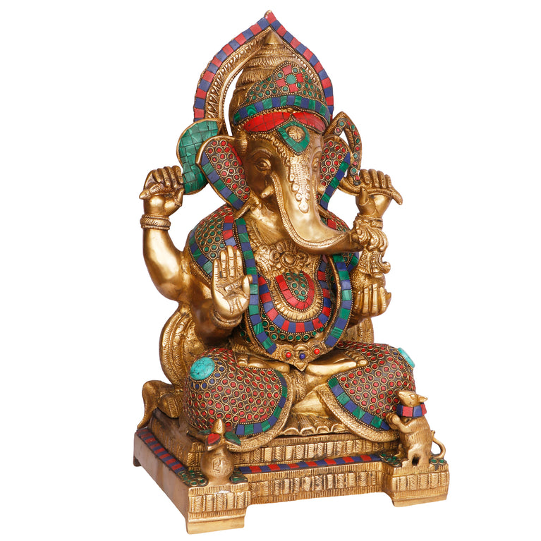 18" Lord Ganesha Brass with Gemstone Handwork