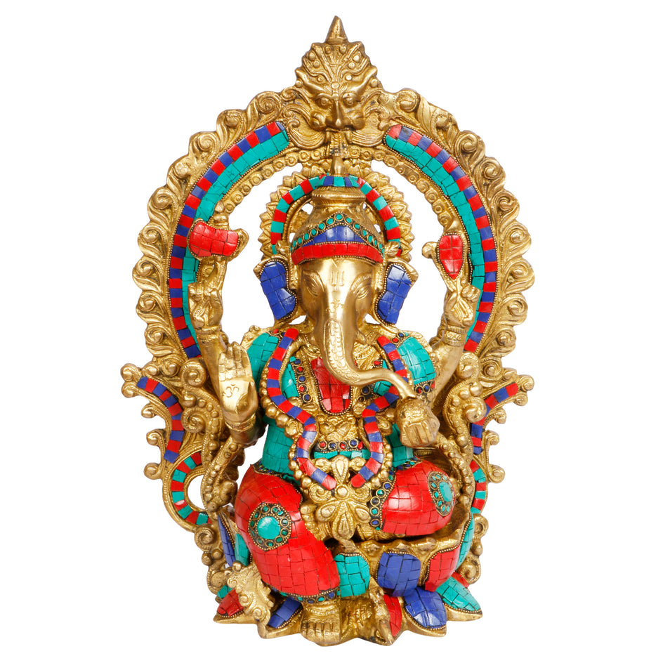 15" Lord Ganesha Sitting on Lotus Brass with Inlay.