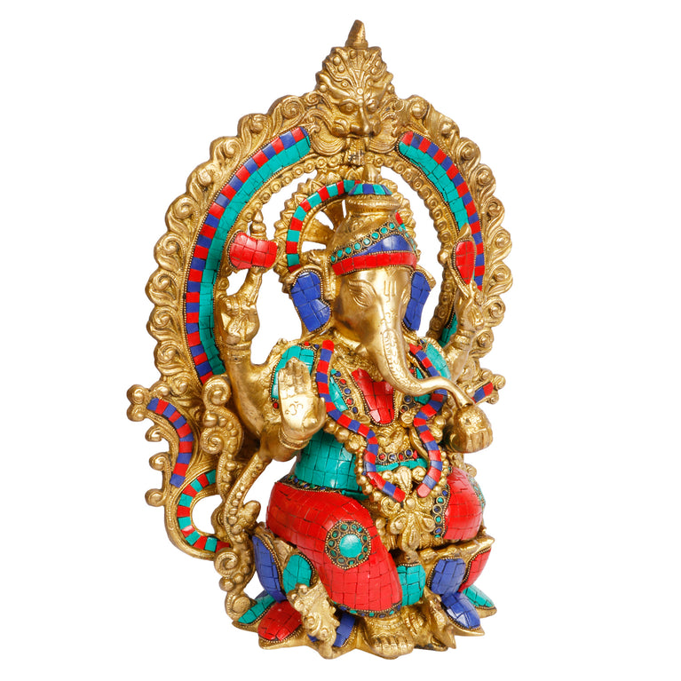 15" Lord Ganesha Sitting on Lotus Brass with Inlay.