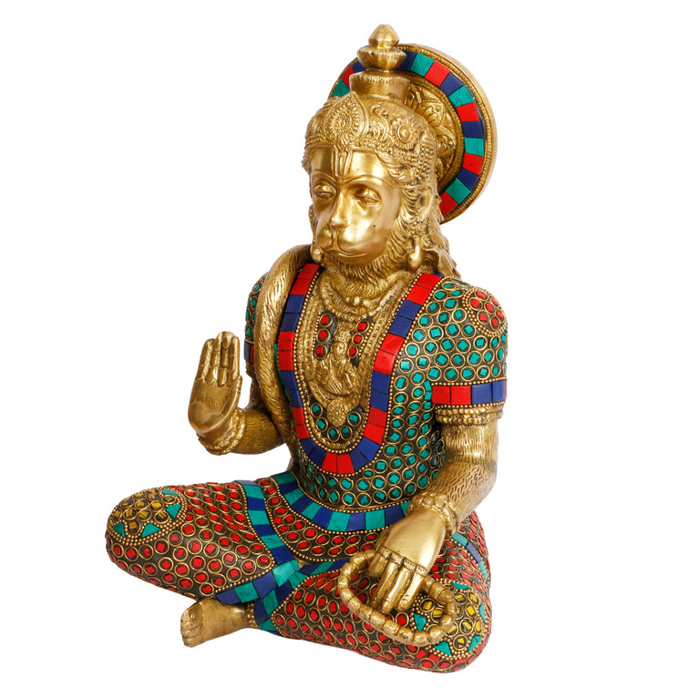 11" Lord Hanuman Blessing Sitting Brass with Inlay