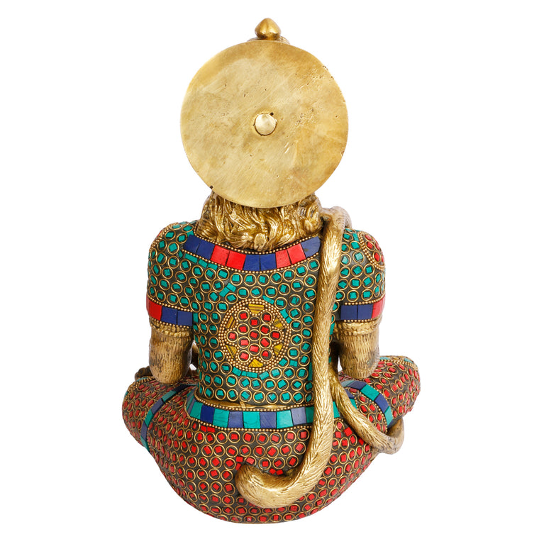11" Lord Hanuman Blessing Sitting Brass with Inlay
