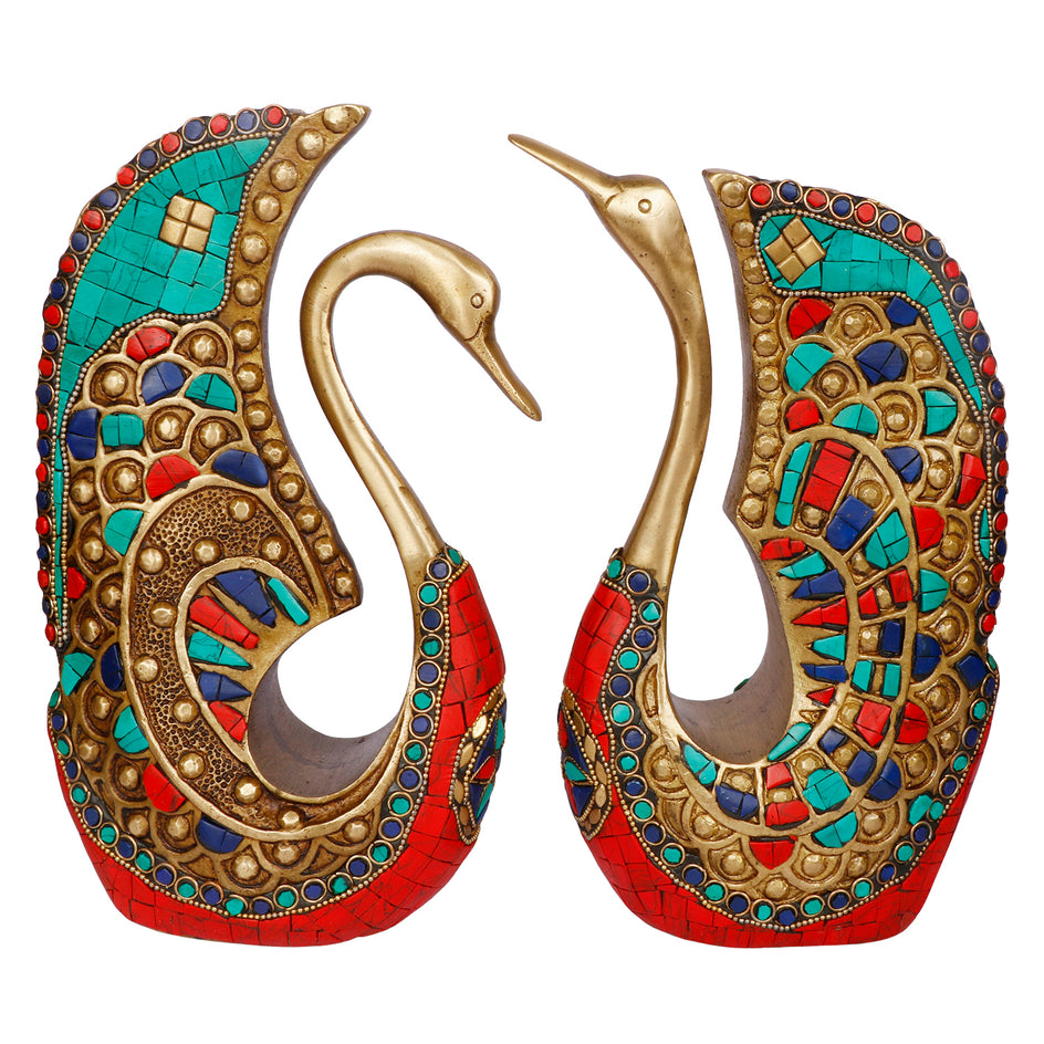 Swan Pair Brass with Inlay