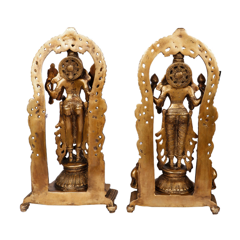 16" Vishnu Lakshmi with Prabhavali and Elephant Diyas In Brass