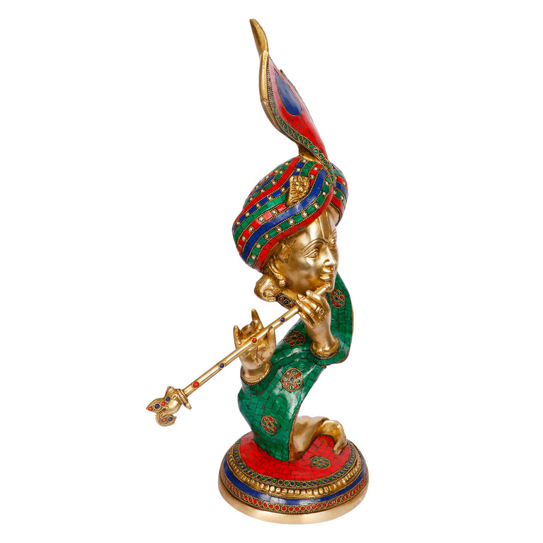 22" Lord Krishna Playing Flute Brass with Multicolor Gemstone Handwork