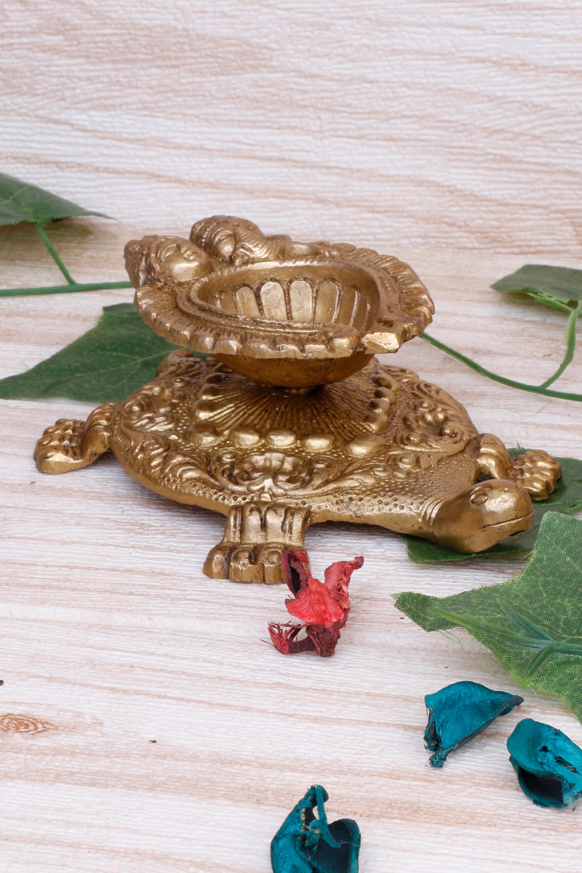 2 Inch Gold Color Brass Diya Tortoise with Laxmi Ganesh: Vastu Kachua Designer Deepak Deepam for Home Decor - SvarupArt