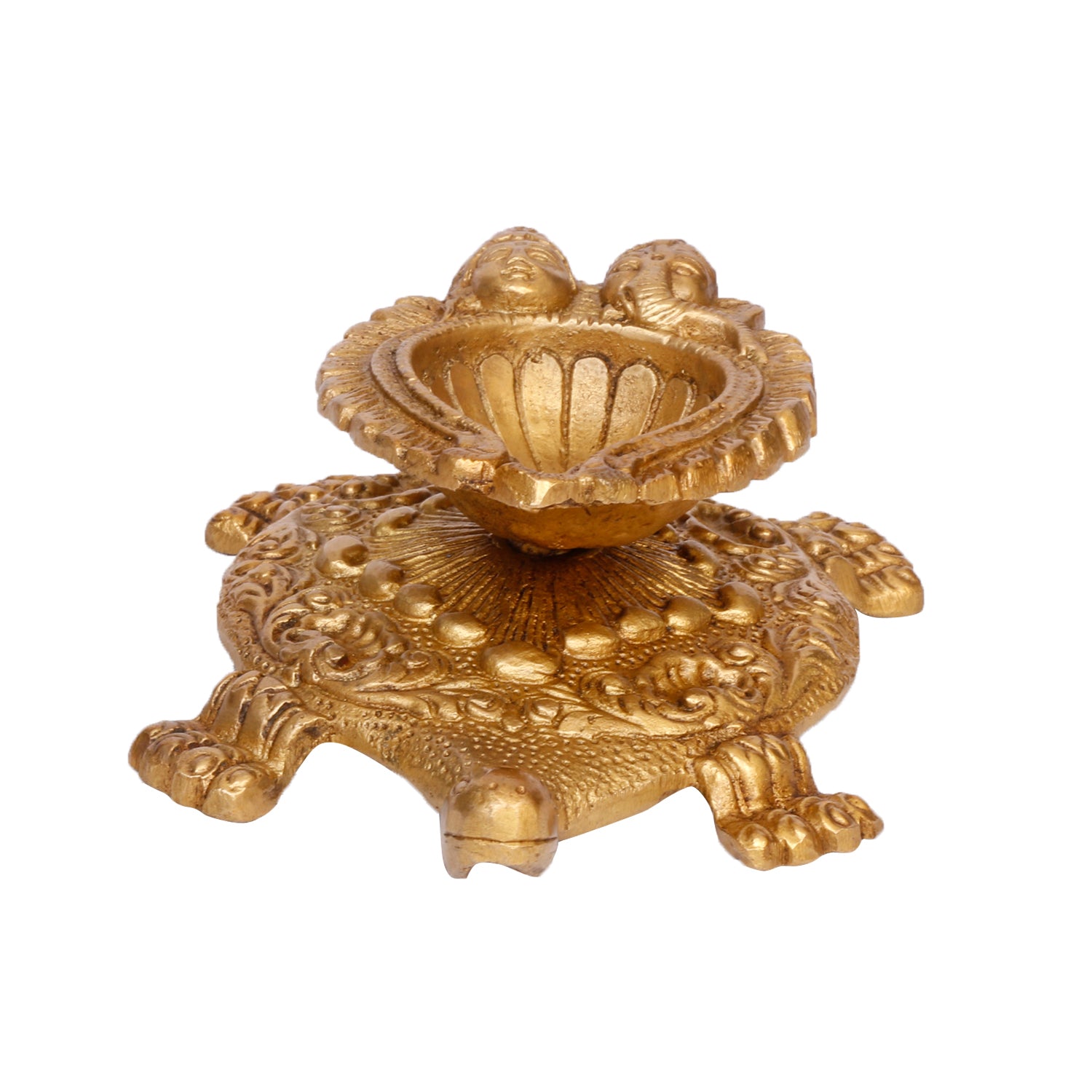 2 Inch Gold Color Brass Diya Tortoise with Laxmi Ganesh: Vastu Kachua Designer Deepak Deepam for Home Decor - SvarupArt
